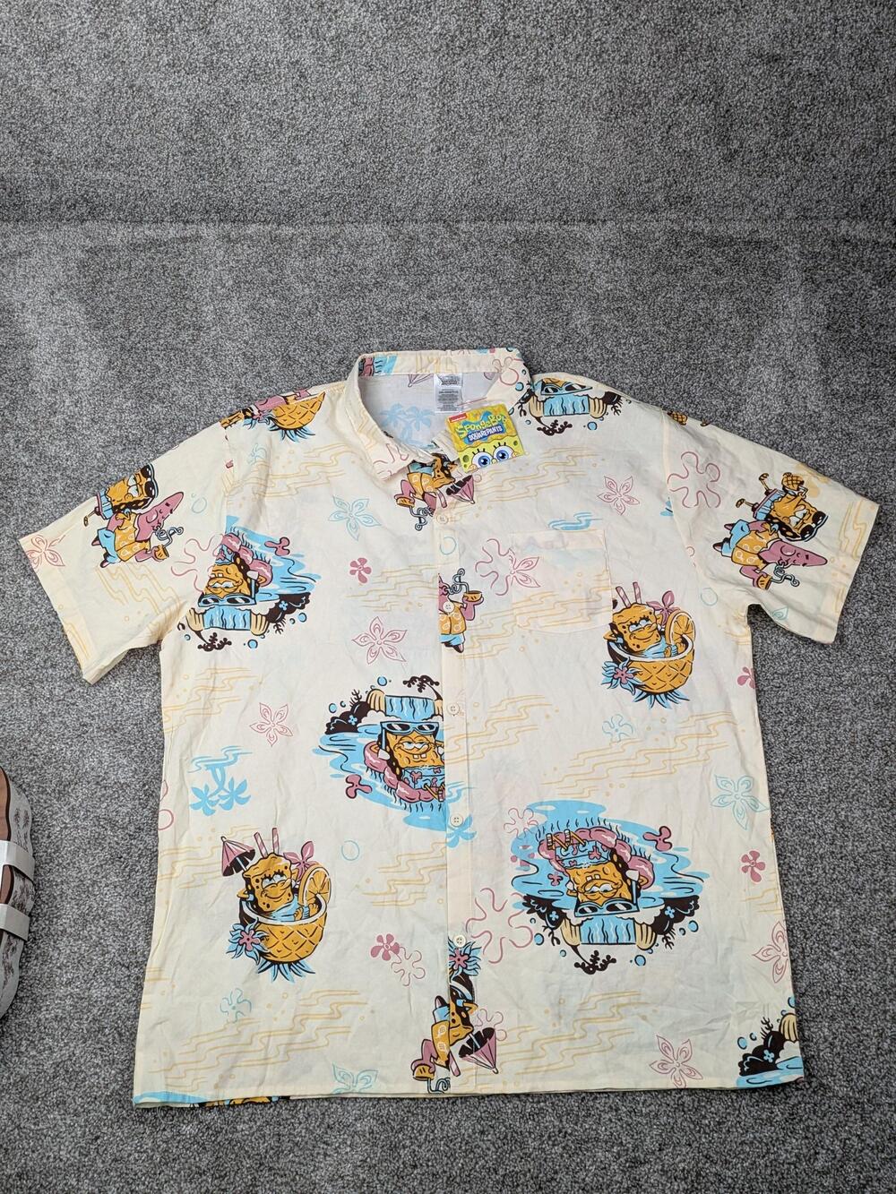 SpongeBob SquarePants Shirt Mens 2XL Aloha Hawaiian Button Up Short Sleeve Camp